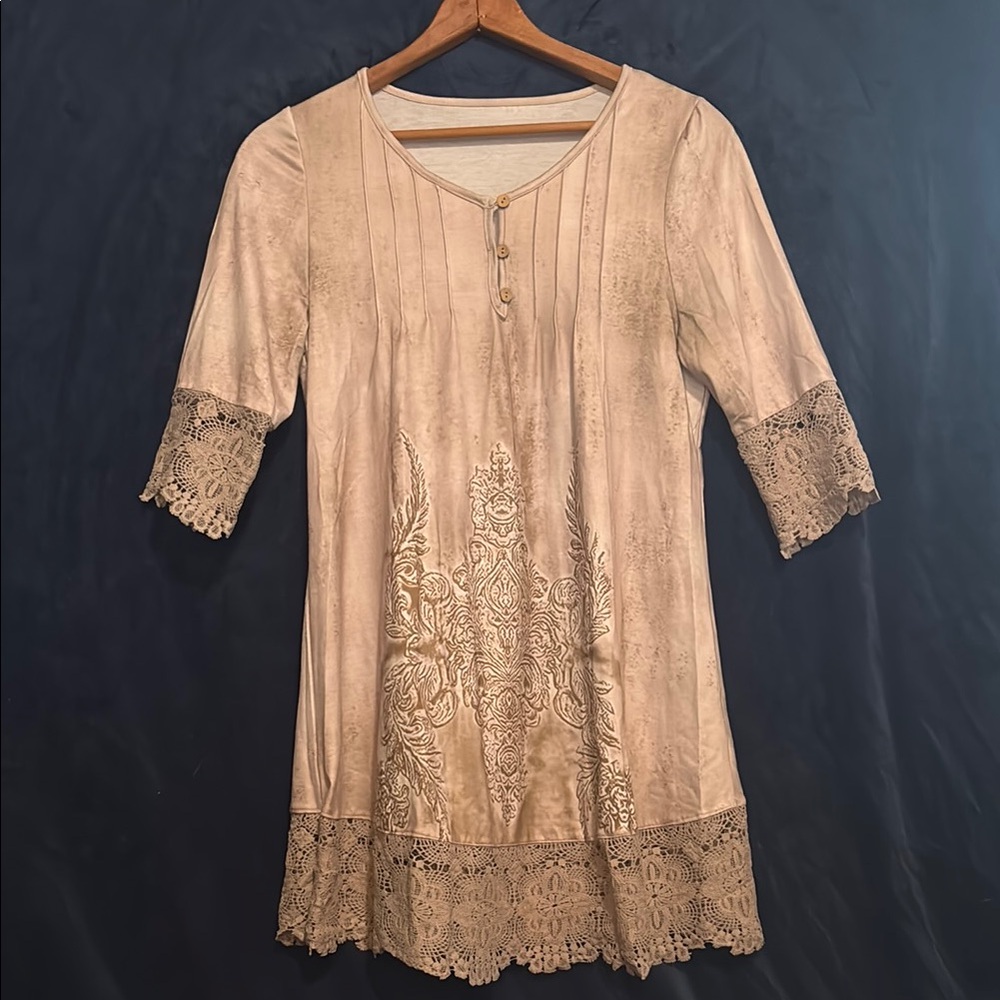 Elegant Beige Lace Trim Dress